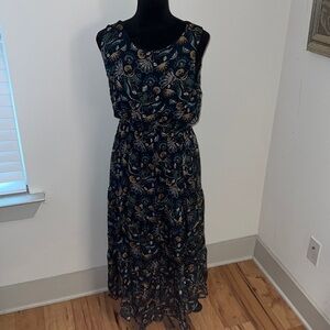 Lara Guidotti dark blue floral print sleeveless tiered Boho Silk blend dress SzL